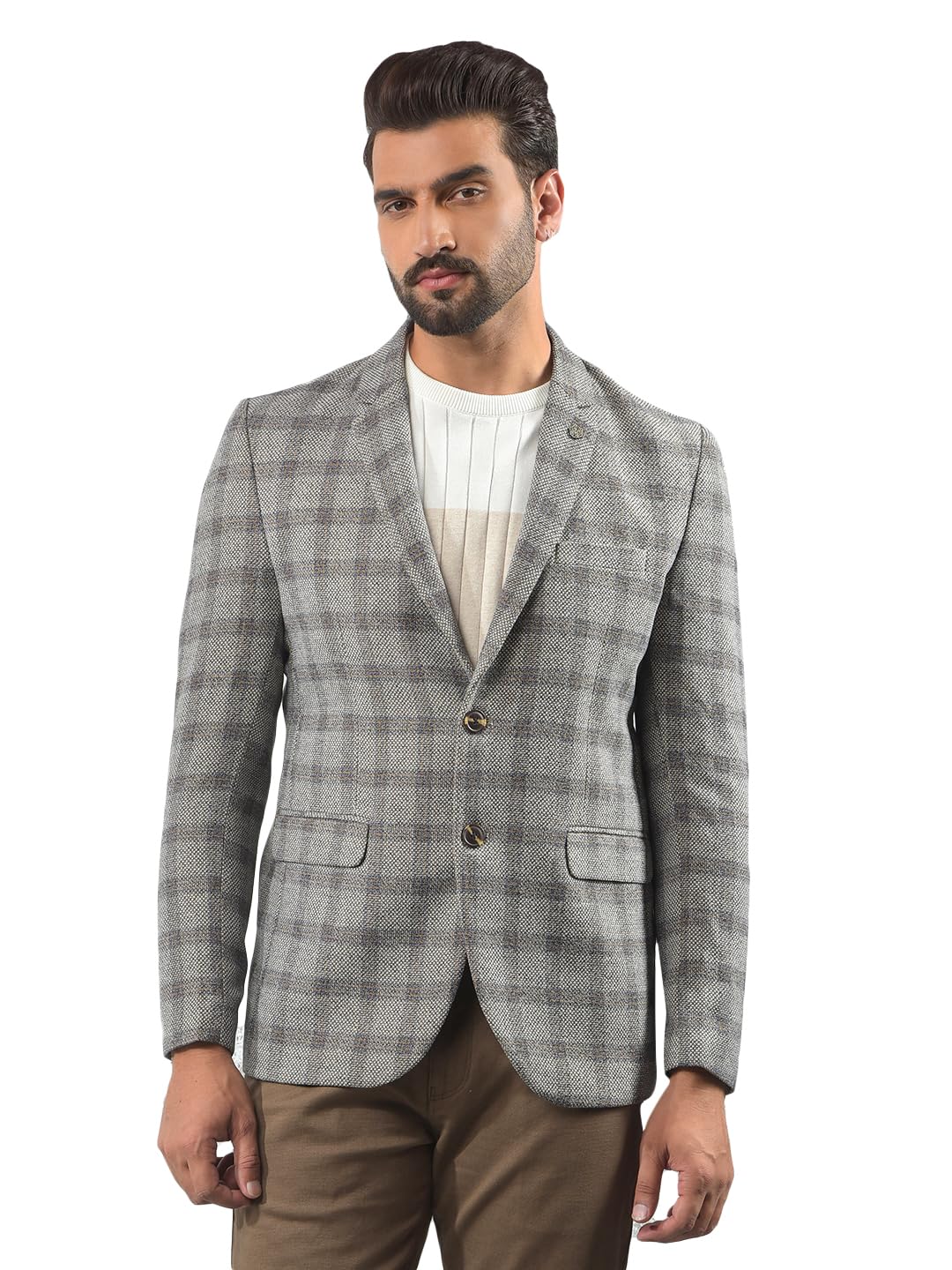 crimsoune club Men's Grey Checked Notched Lapel Single-Breasted Blazer-picture-42