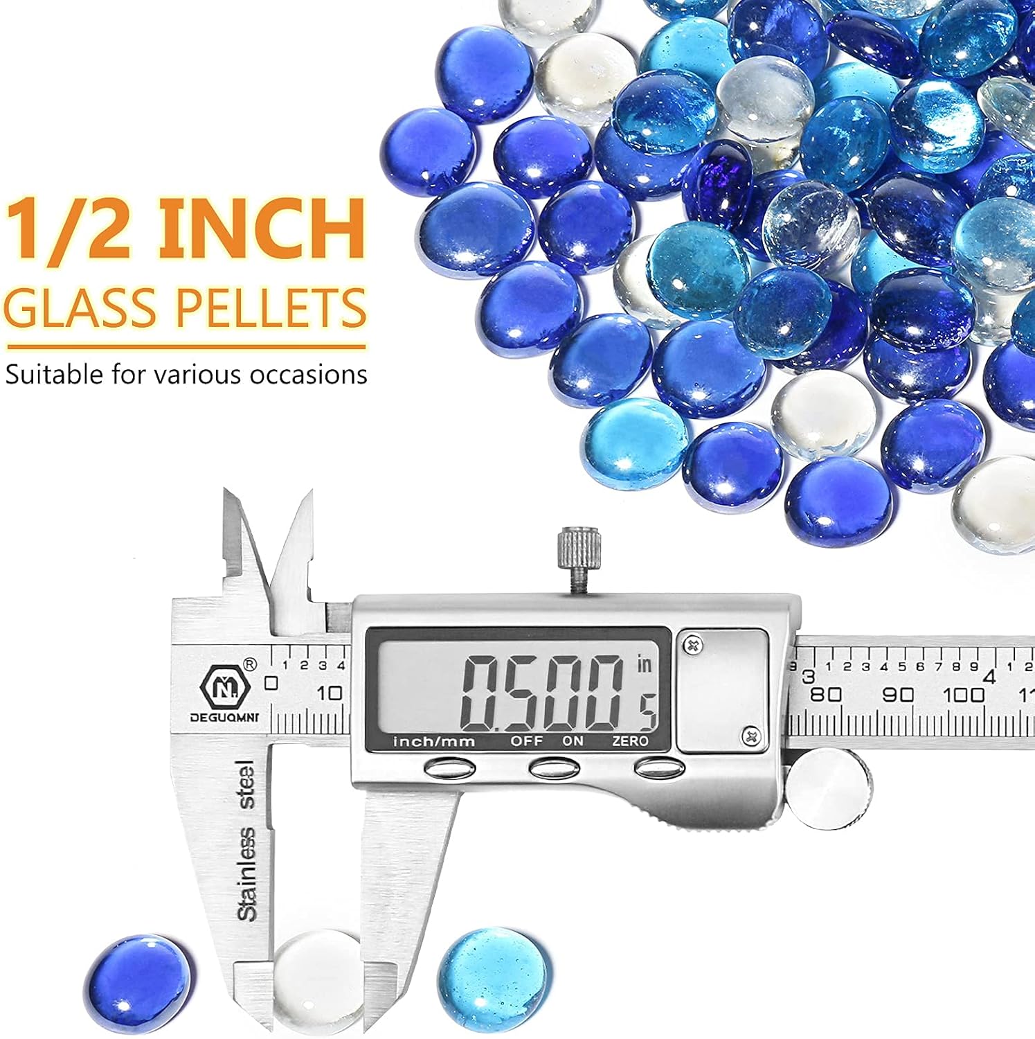 Hisencn 16" Gas Fireplace Log Set Ceramic White Birch and Blended Blue Fire Glass Drops Beads Rocks for Propane Fire Pit, 1/2 Inch Firepit Glass Beads 10 lbs