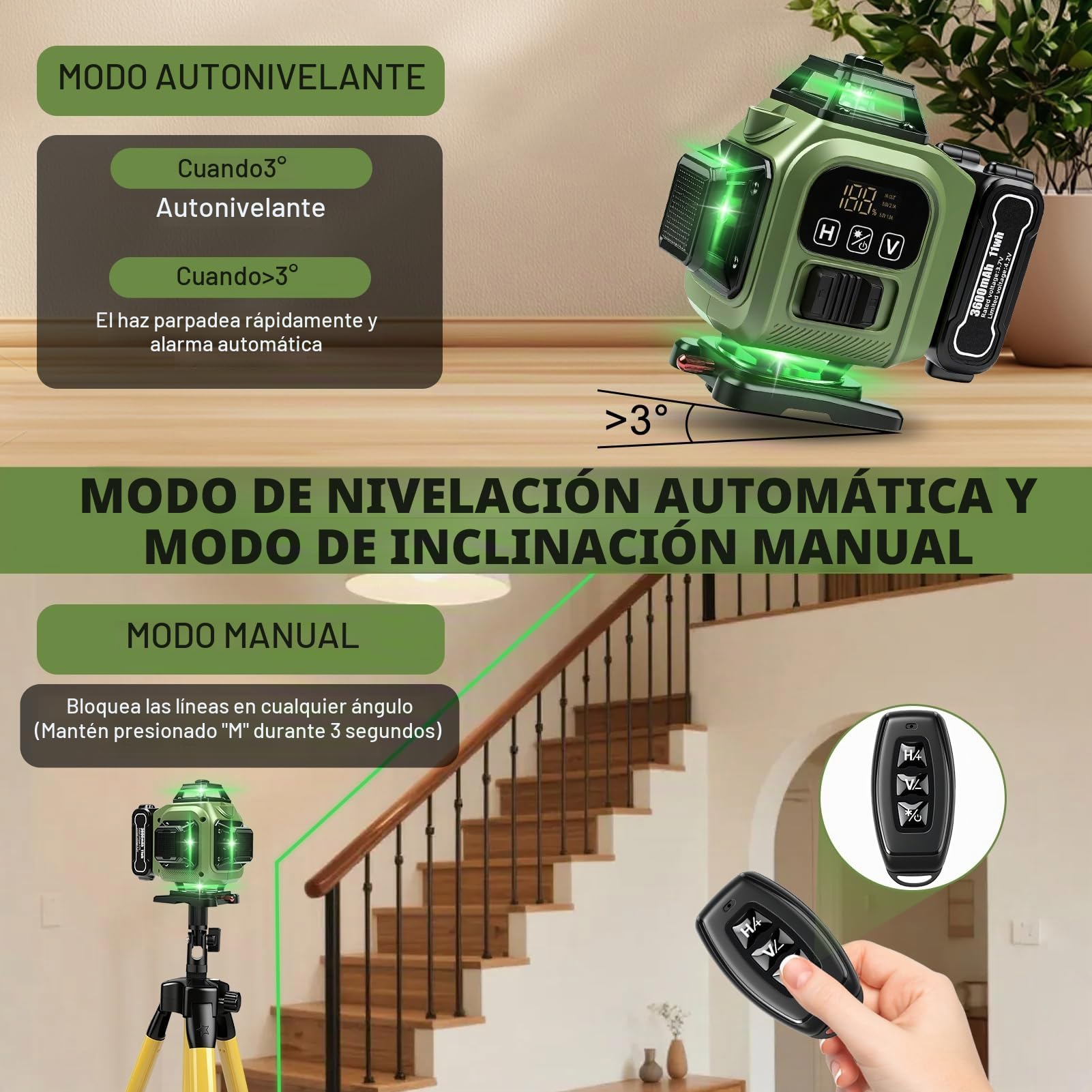 Nivel Laser Autonivelante, 4D 16 Líneas Nivel Laser Verde Con TríPode, Digital Niveles LáSer Con 3 x 3600 Mah BateríA 2 x 360 Horizontal Y 2 x 360 Verticales, Control Remoto/App, Montaje En Pared