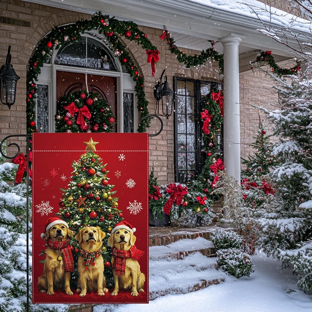 Winter Dog Garden Flag 12x18 Inch Double Sided Snowflake Christmas Tree Yard Outdoor Flag House Holiday Outside Decoration - Image 3