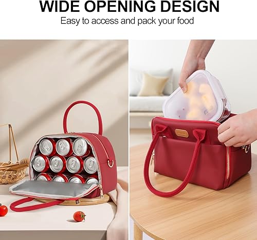 Miniatura 4 de Lonchera pequeña para mujer, elegante bolsa de almuerzo de cuero con amplia apertura, lonchera moderna, bolsa térmica con asa de transporte con