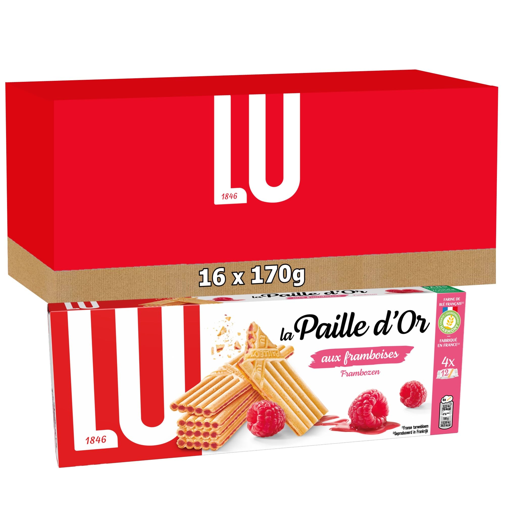 LU - Paille D'Or - Gaufrette Croustillante Fourrée à la Confiture de Framboise - Idéal Goûter, Petit Déjeuner, Snack - 16 Boîtes de 170 g
