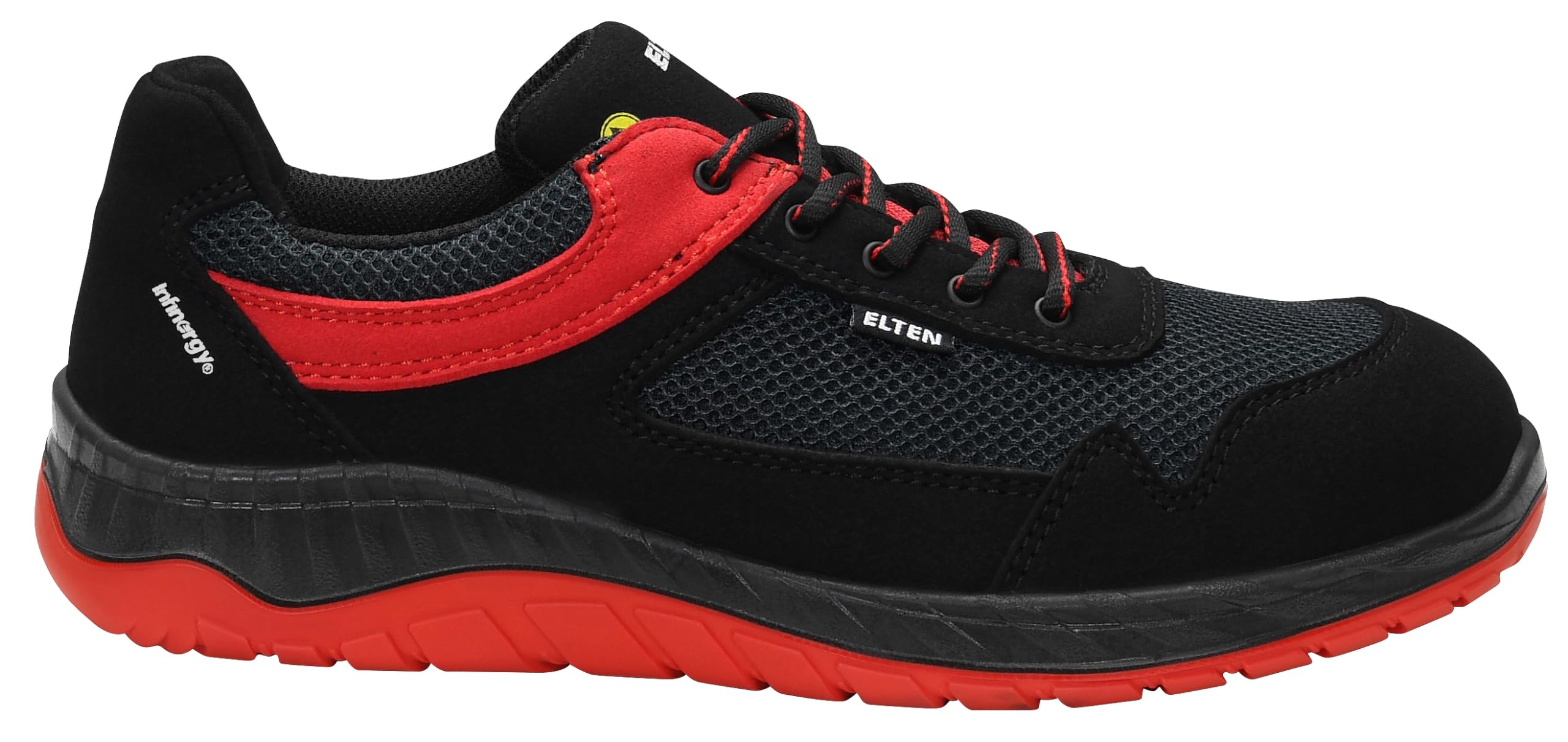 ELTEN Lonny red Low ESD S1PS, buty ochronne dla kobiet i mężczyzn, tekstylne, stalowe noski, lekkie, sportowe 43, czarno-czerwone