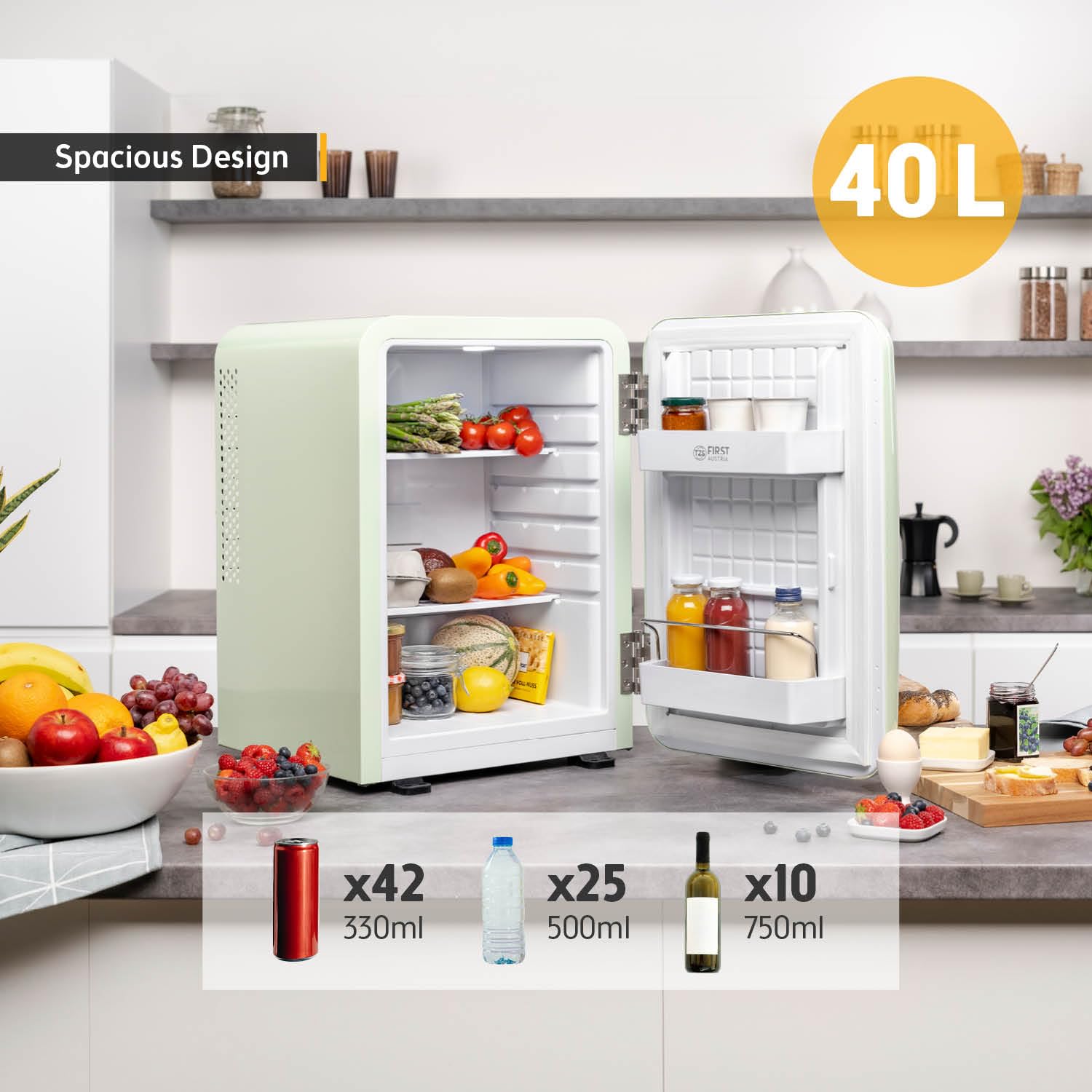TZS First Austria - Retro Mini Fridge 40L - Silent Operation - Vintage Minibar for Bedrooms & Offices - Mint — view 5