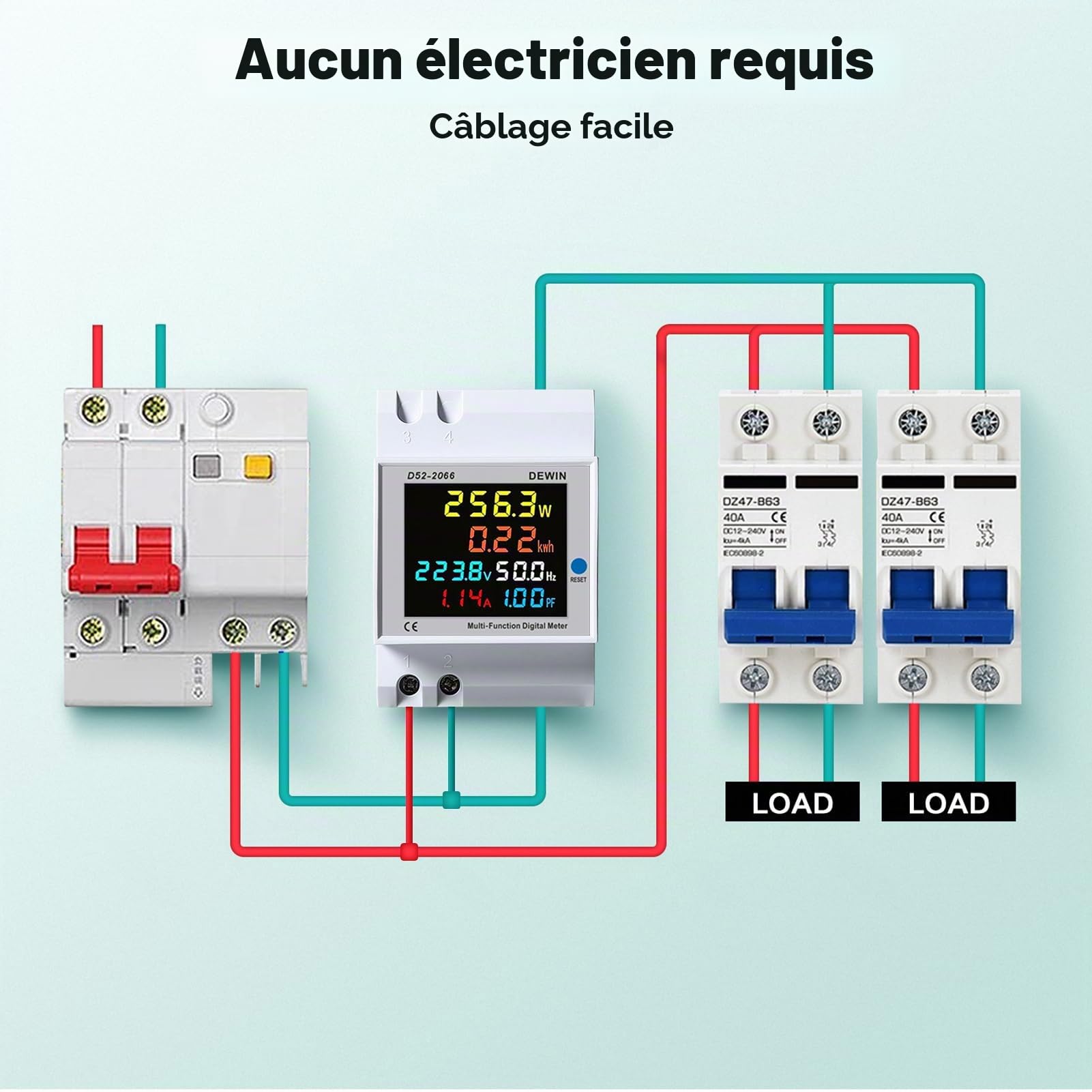 DeWin Compteur d'électricité Numérique, Compteur d'énergie Monophasé Courant Tension Puissance KWH Compteur 6 en 1 Compteur d'énergie avec écran LCD AC 40-300V 0-100A