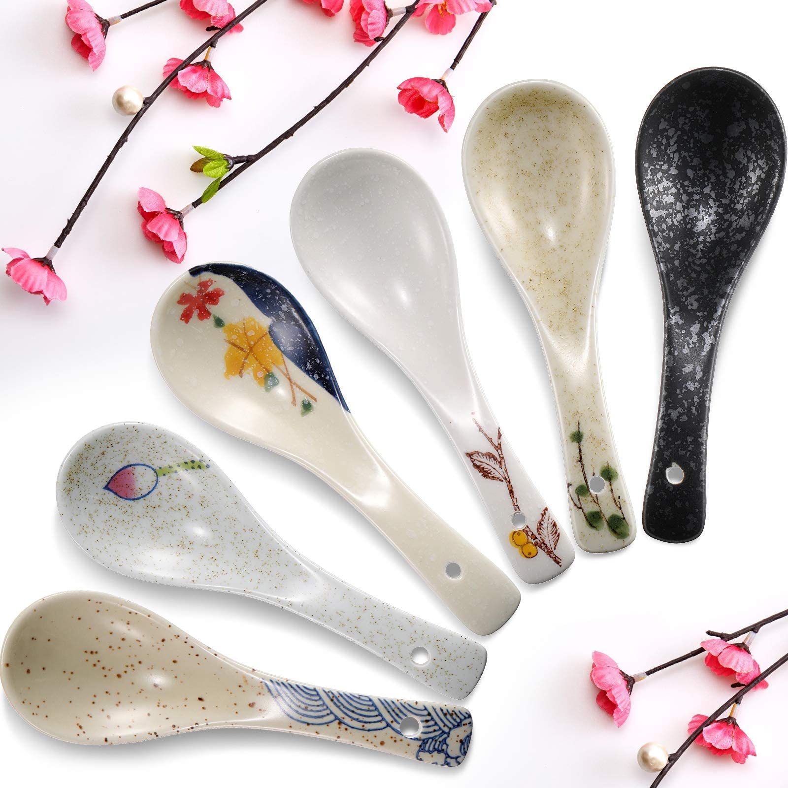 MAKINGTEC 6 Pcs Japanese Retro Soup Spoons Ceramics Soup Spoons Japanese Style Rice Spoon Flatware Asian Chinese Serving Spoons Appetizers Tableware Meal