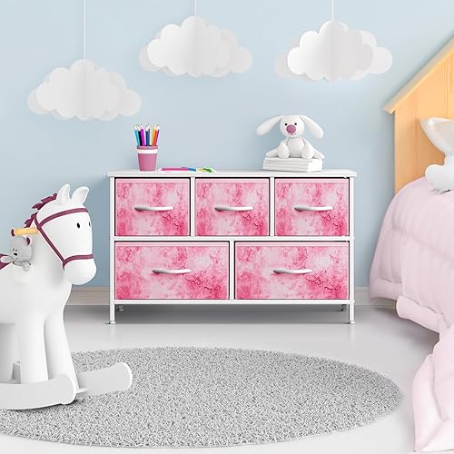 Miniatura 6 de Sorbus Cómoda para niños con 5 cajones, unidad organizadora de baúl de almacenamiento con marco de acero, parte superior de madera, contenedores de