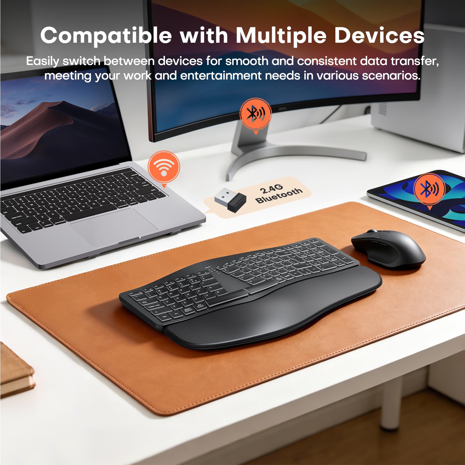 MOKURU Tastiera ergonomica senza fili, tastiera divisa con poggiapolsi, tastiera per computer BT 2,4 G, compatibile con Windows, Mac OS, PC/laptop (nero)