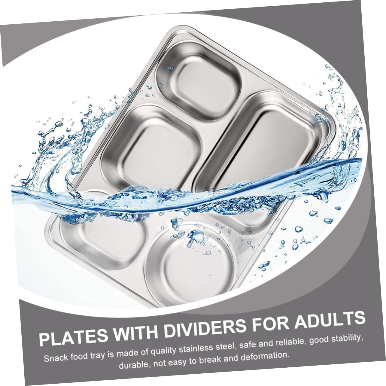 Lot de 3 Assiettes Repas en Acier Inoxydable à Trois Compartiments