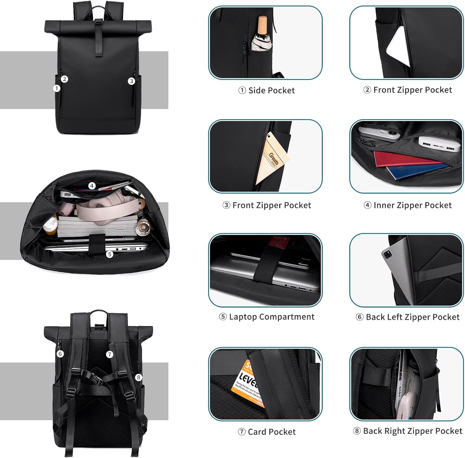 Rolltop Backpack for Men Women, 24L/32L Expandable Backpack with Laptop Compartment, Water Resistant Anti-theft Business Travel Work College Bag Fits 15.6 Inch Tablet, Notebook - Image 3