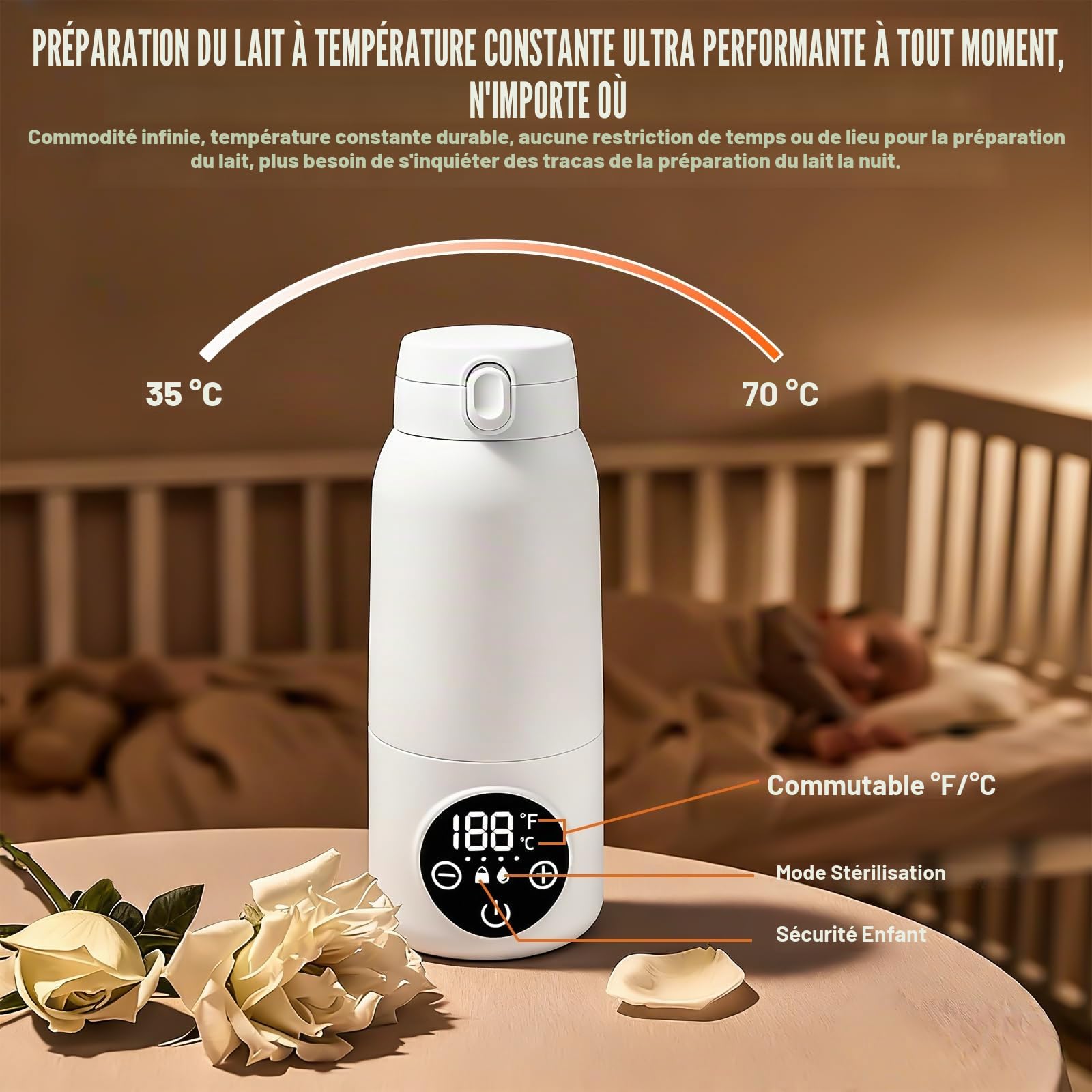 Chauffe-biberon, portable, pour bébé, pour les déplacements, chauffe-lait électrique, 500 ml, réglage précis de la température 45 °C à 55 °C, sans BPA, pour lait maternel et formula, voyage et nuit