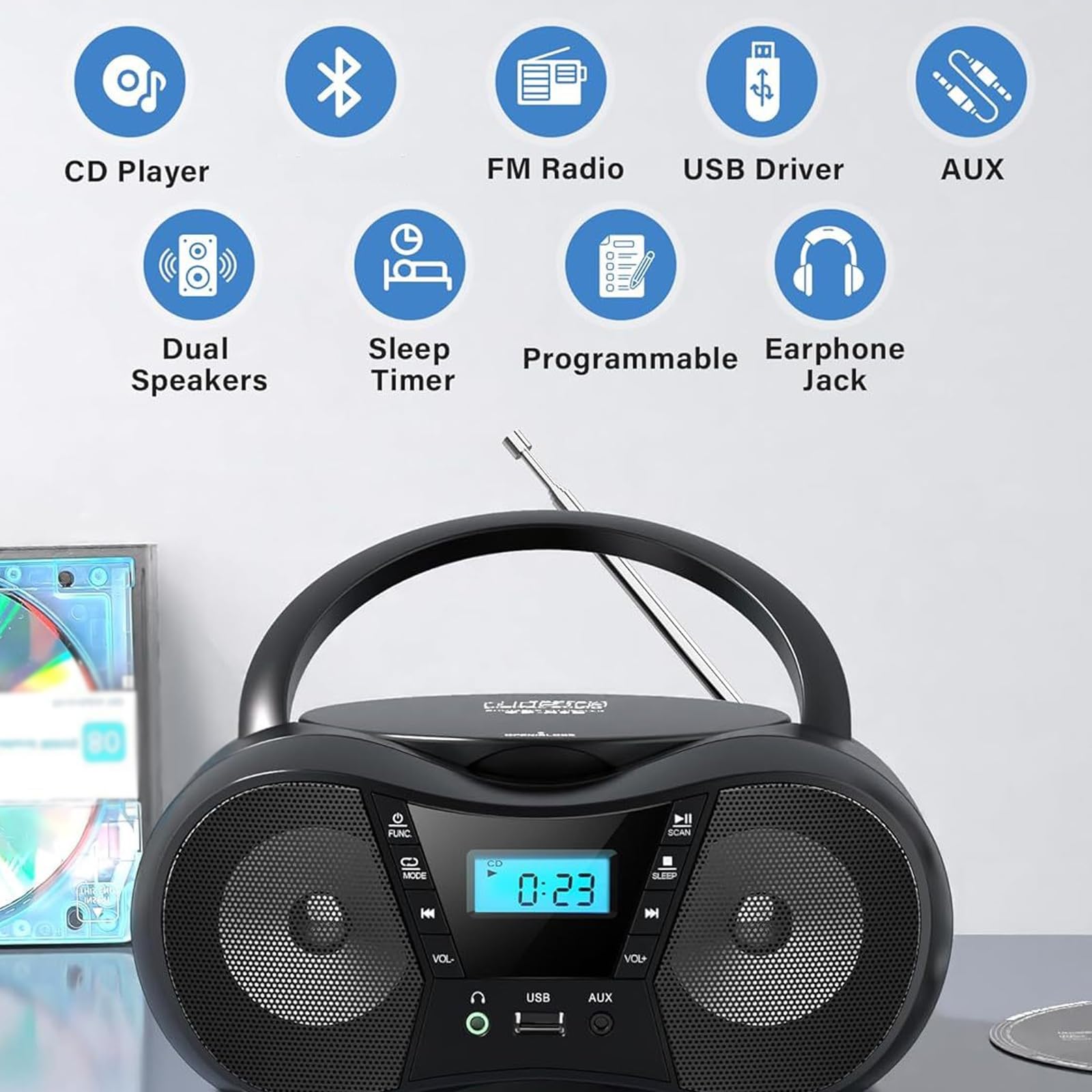 Reproductor de casetes Bluetooth CD Boombox Radio portátil, con asa, Altavoces estéreo duales, Compatible, admite AUX/USB/Auriculares.