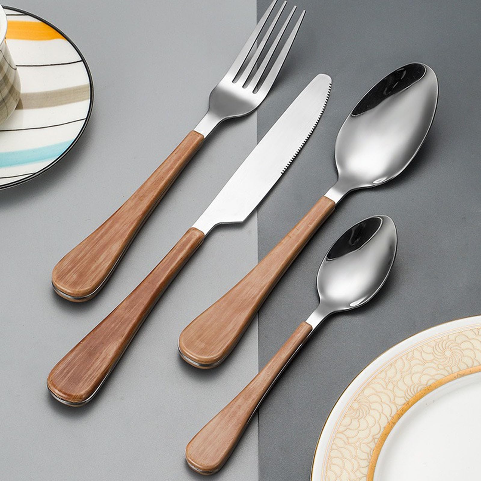 Juego De Cubiertos De Acero Inoxidable, Flatware Set 4, Mango De Madera Clásico Duradero, Cuchillo Para Carne Tenedor Cuchara Para El Hogar, Hotel, Restaurante, Fiesta (20pcs)