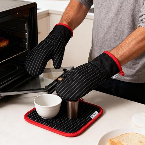 Miniatura 4 de Juego de manoplas de horno y soportes para ollas, guantes de horno y agarraderas con algodón de alta resistencia al calor, extra gruesos, largos,