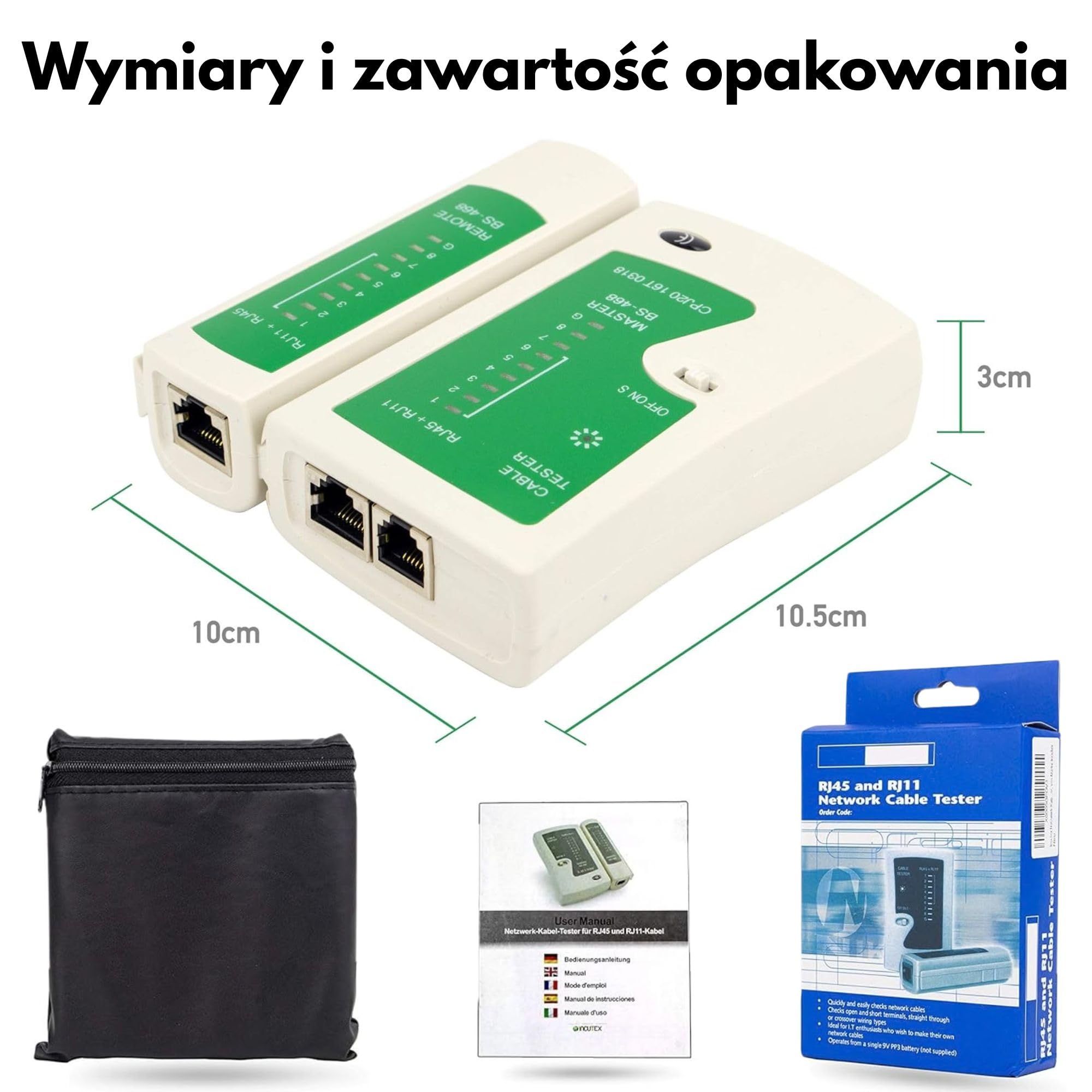 Incutex Tester Kabli Sieciowych RJ11 RJ12 RJ45 ISDN LAN Kabel Sieciowy, Kabel Krosowy CAT6 CAT7 CAT8 Tester Okablowania, Tester Ciągłości Obwodów Elektrycznych