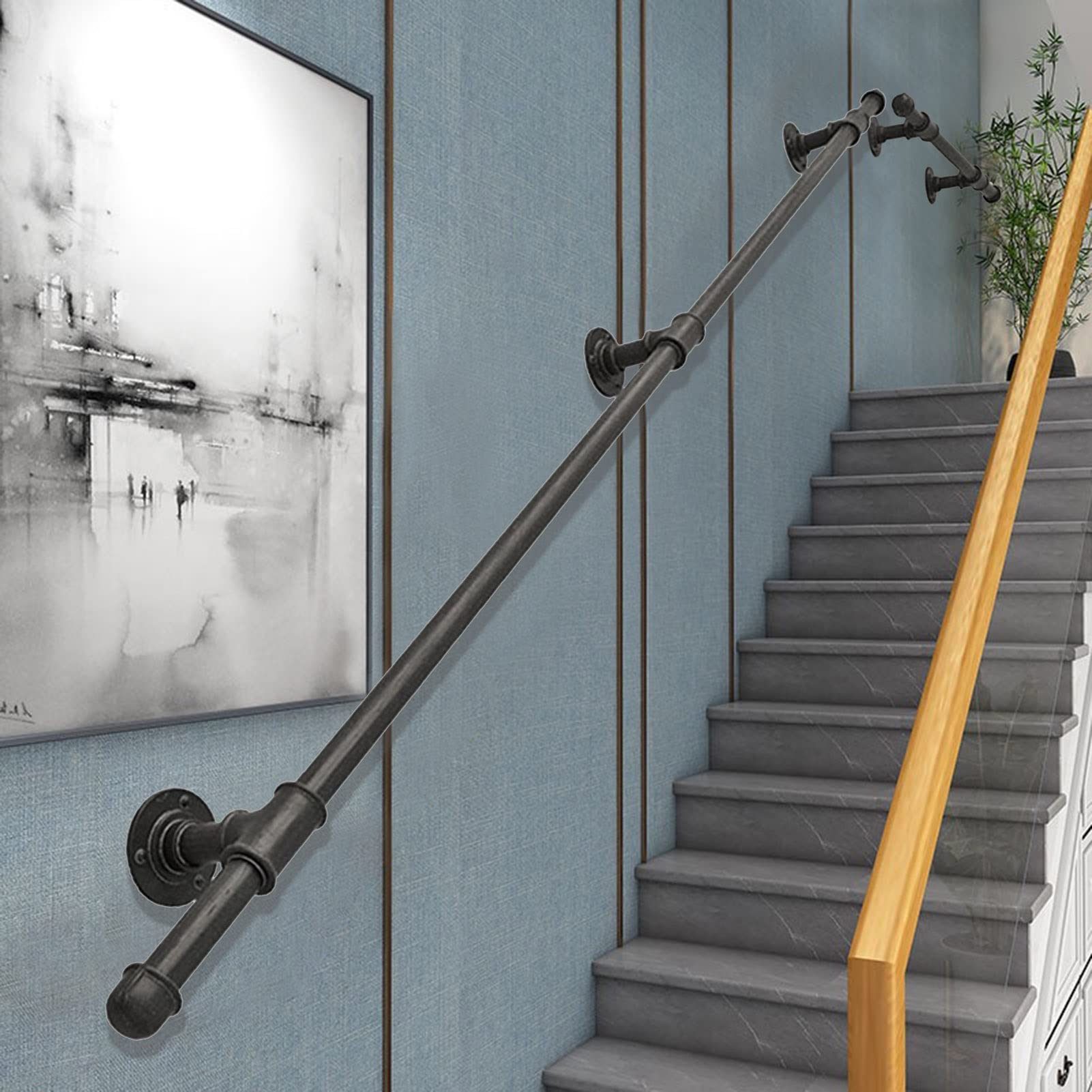 Rampe d'escalier noire de 17 pi avec kit complet de supports muraux pour marches
