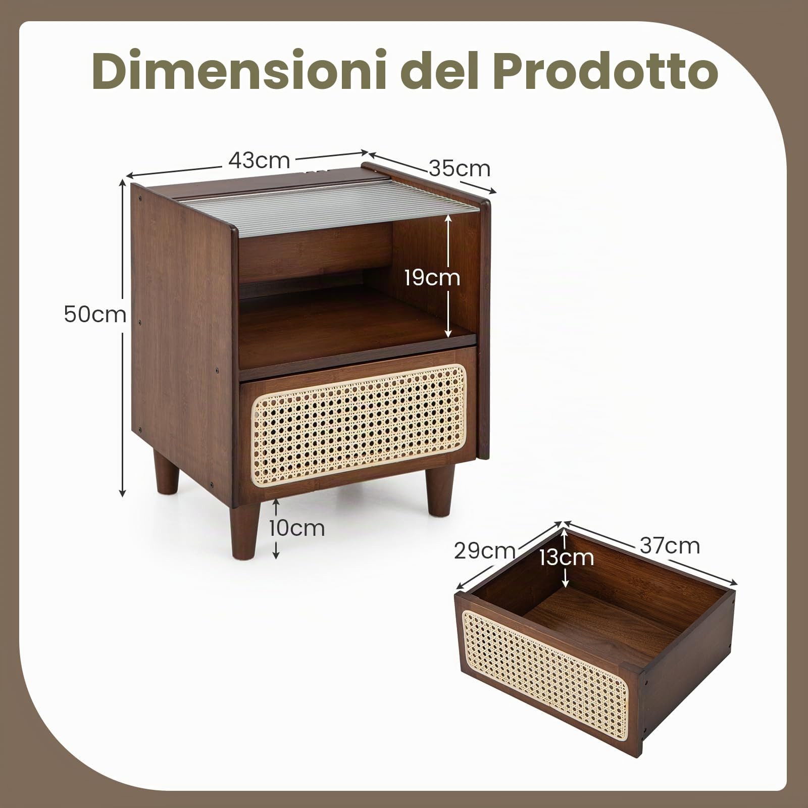 GIANTEX Set 2 Comodino in Bambù, Comodone da Letto con Cassetto in Rattan e Scomparto Aperto, Tavolino con Piano in Vetro, 43 x 35 x 50 cm