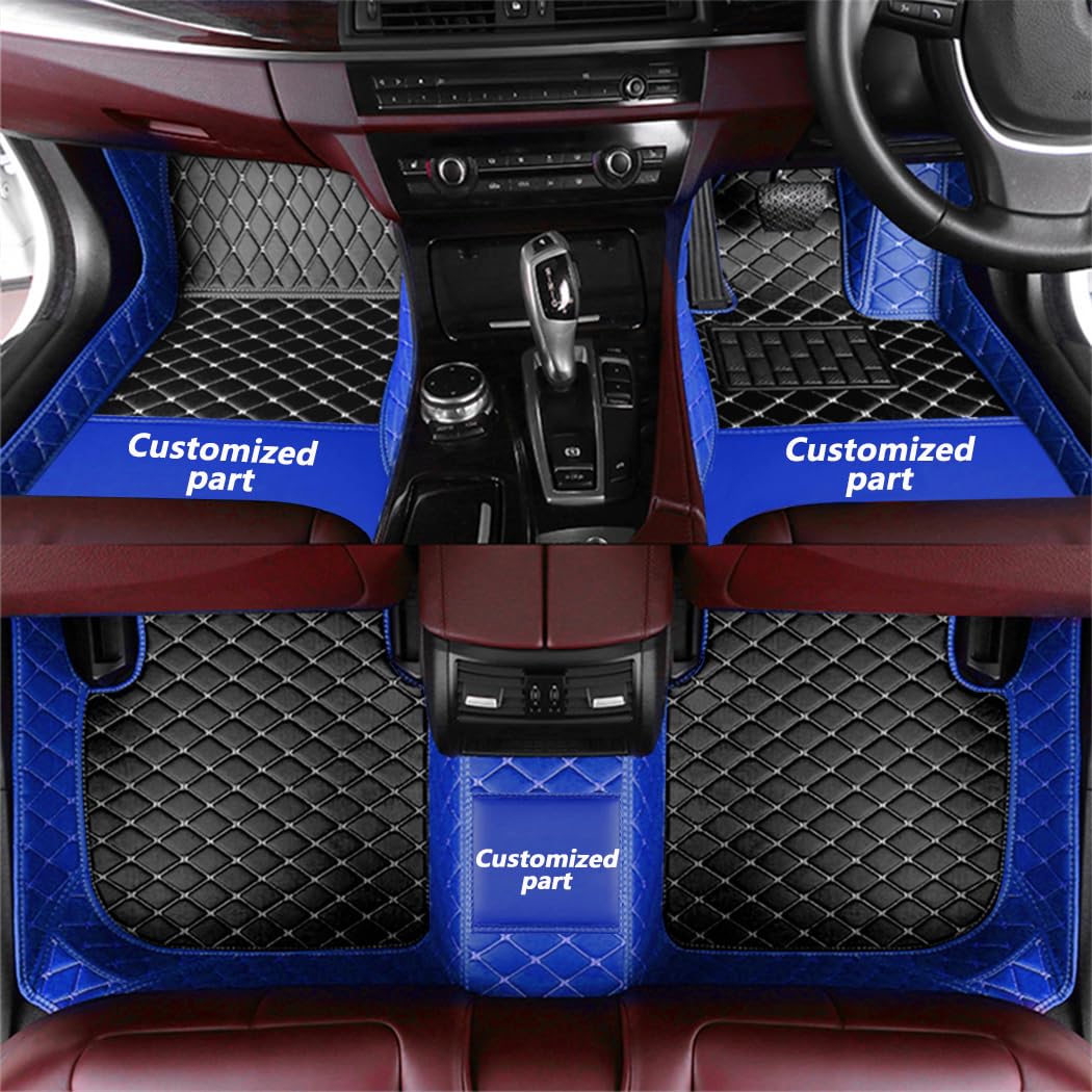 Custom Car Floor Mats Customizable 95% Vehicle Model Luxury Leather Auto Floor Liner Mats All Weather Full Covered Car Interior Accessories Blue and Black