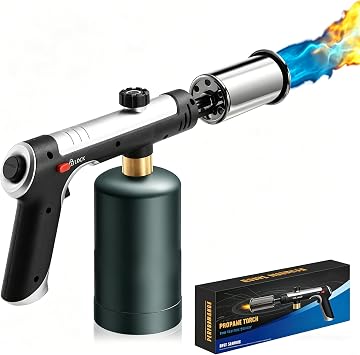 Powerful Propane Torch Gun with One-Touch Max Fire, Kitchen Blow Torch with a Safety Lock for Grill, BBQ, Campfire, Adjustable Handheld Flame Thrower Weed Killer, Silver Tank Not Included