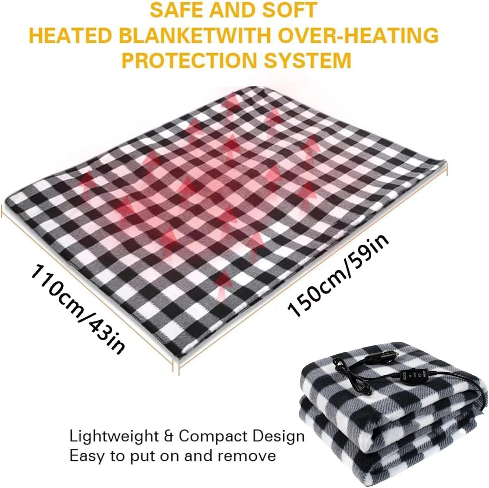 Homg 12V Auto Heizdecke 152x114cm - Tragbare Elektrische Decke Für Auto & Camping