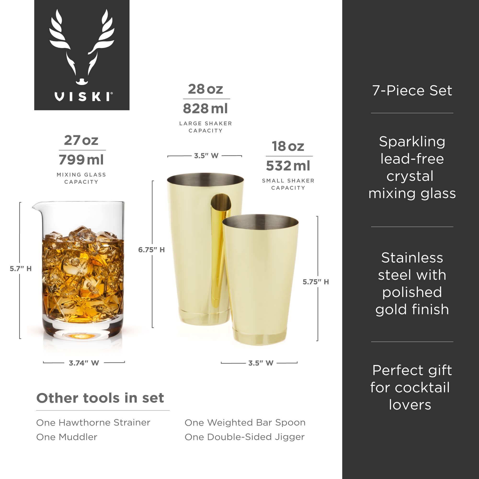 Viski Juego de coctelera Dorada, Juego de Barra Dorada para cócteles, coctelera, Vaso Mezclador, Cuchara y Accesorios de Camarero, Juego de 7 de Acero Inoxidable