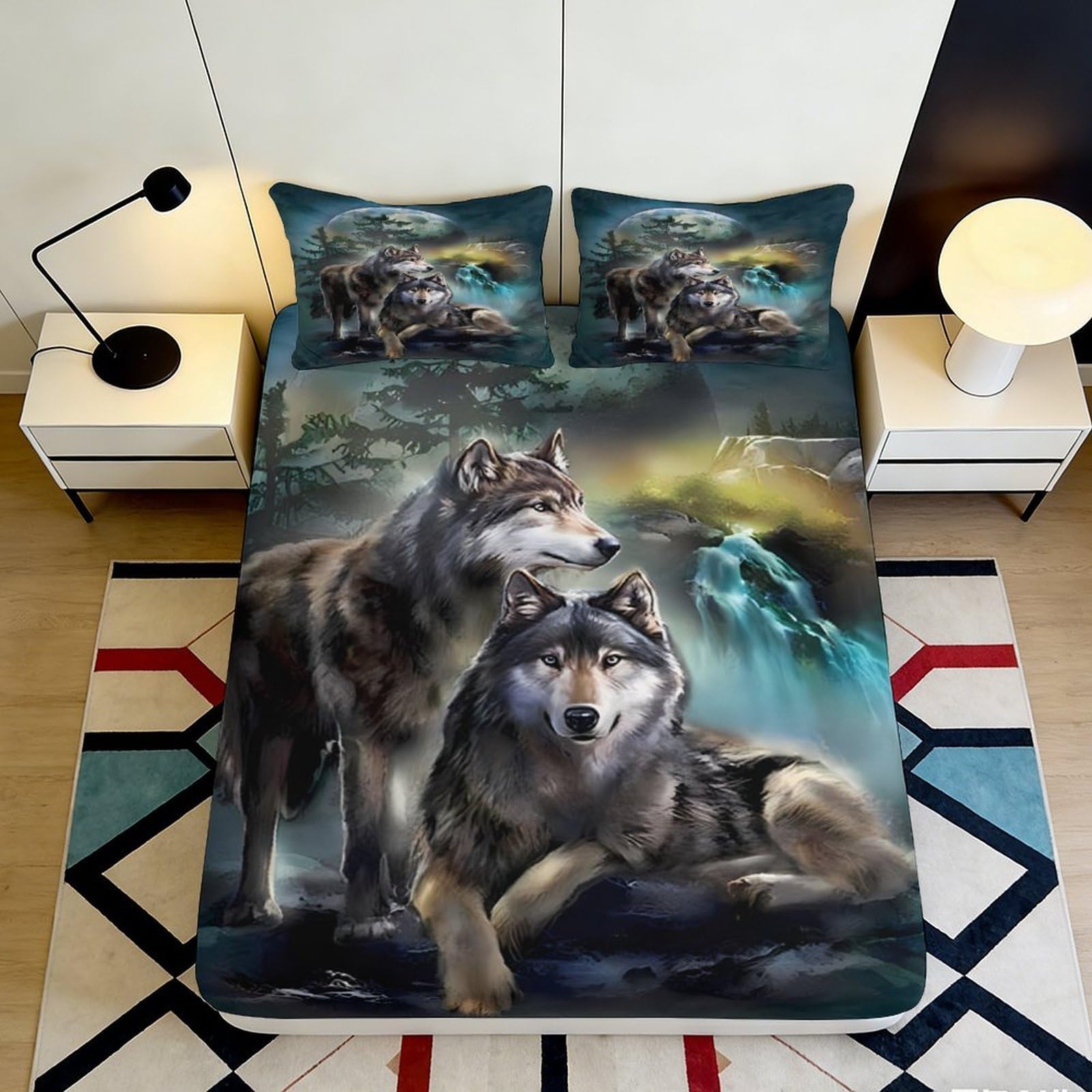 3D Printed Wolf Forest Fitted Sheet Microfiber Soft Breathable Moonlight Mattress Cover for Bedroom Guest Room Decor 90x200x25cm