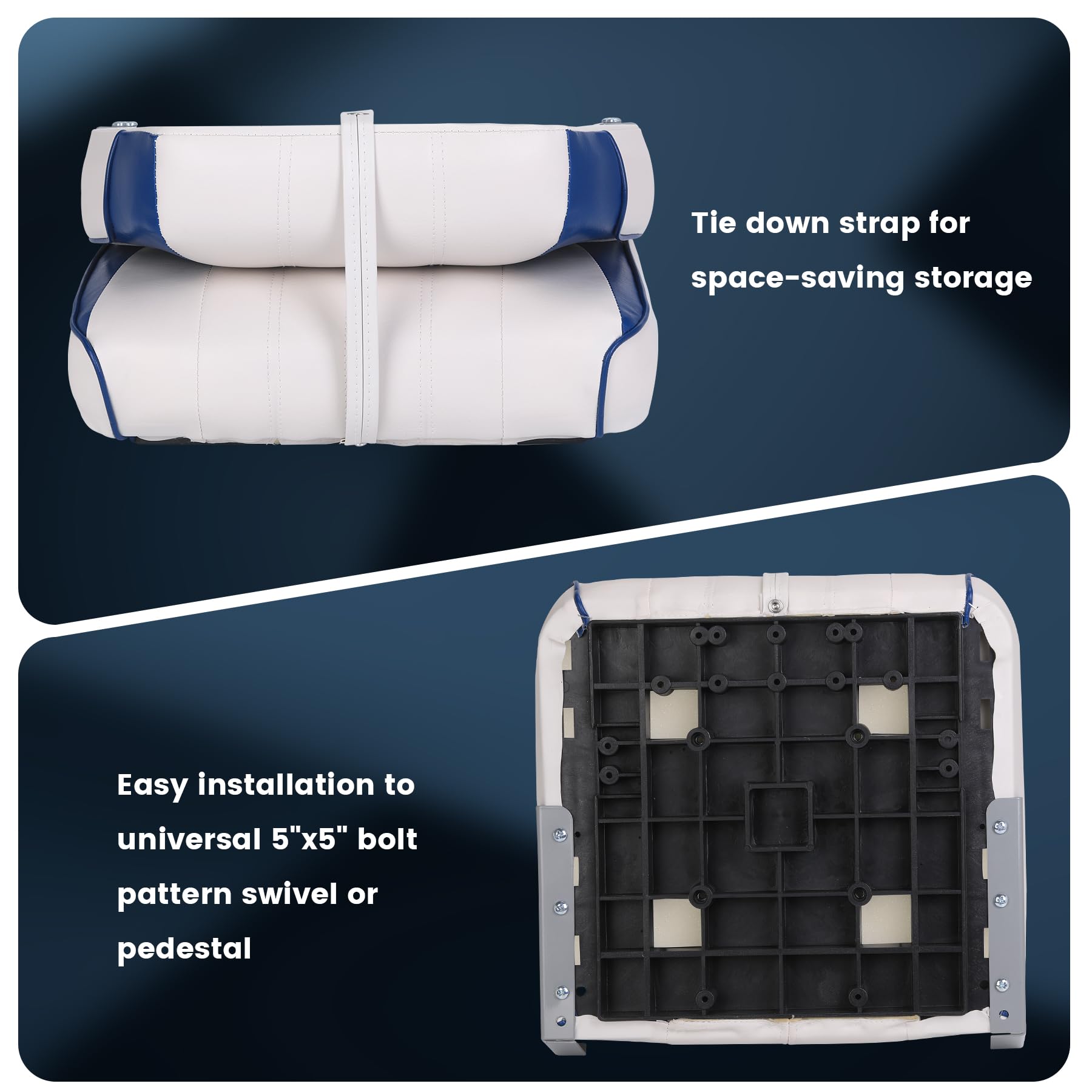 Garvee Sièges pliables bateau – Lot de 2, dossier bas, coussin épais, résistant intempéries, vis inox, parfaits pêche, croisière, speedboat – Coloris bleu royal et blanc