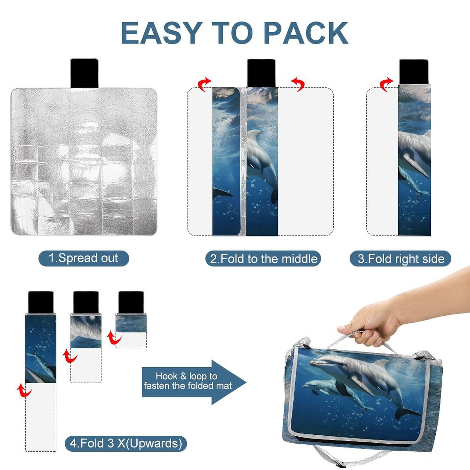 Simpatico tappetino da picnic con delfini, pieghevole, impermeabile, con borsa per tote, grande tappetino da picnic all'aperto, 147,3 x 147,3 cm, coperta da campeggio per spiaggia, parco