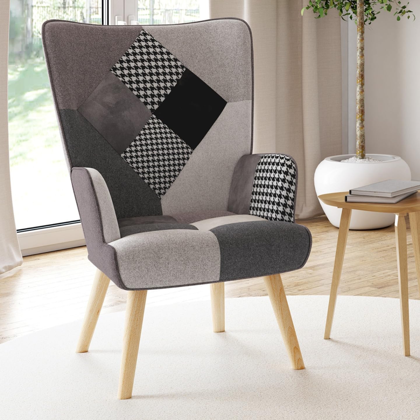 IDMarket - Sillón escandinavo IVAR en tejido patchwork negro, gris y blanco