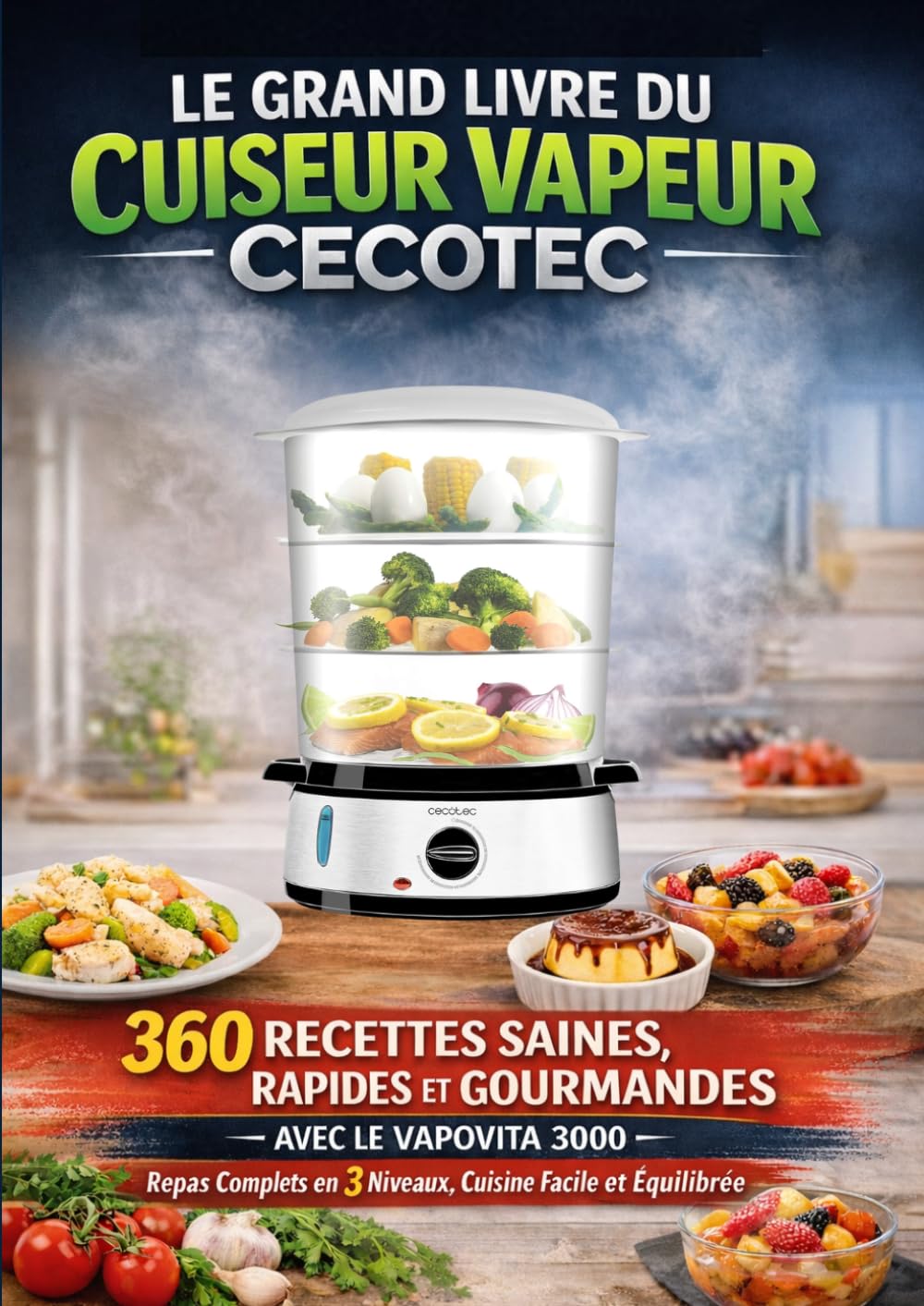 Le Grand Livre du Cuiseur Vapeur CECOTEC 360 RECETTES Saines, Rapides et Gourmandes avec le Vapovita 3000 Repas Complets en 3 Niveaux, Cuisine Facile et Équilibrée