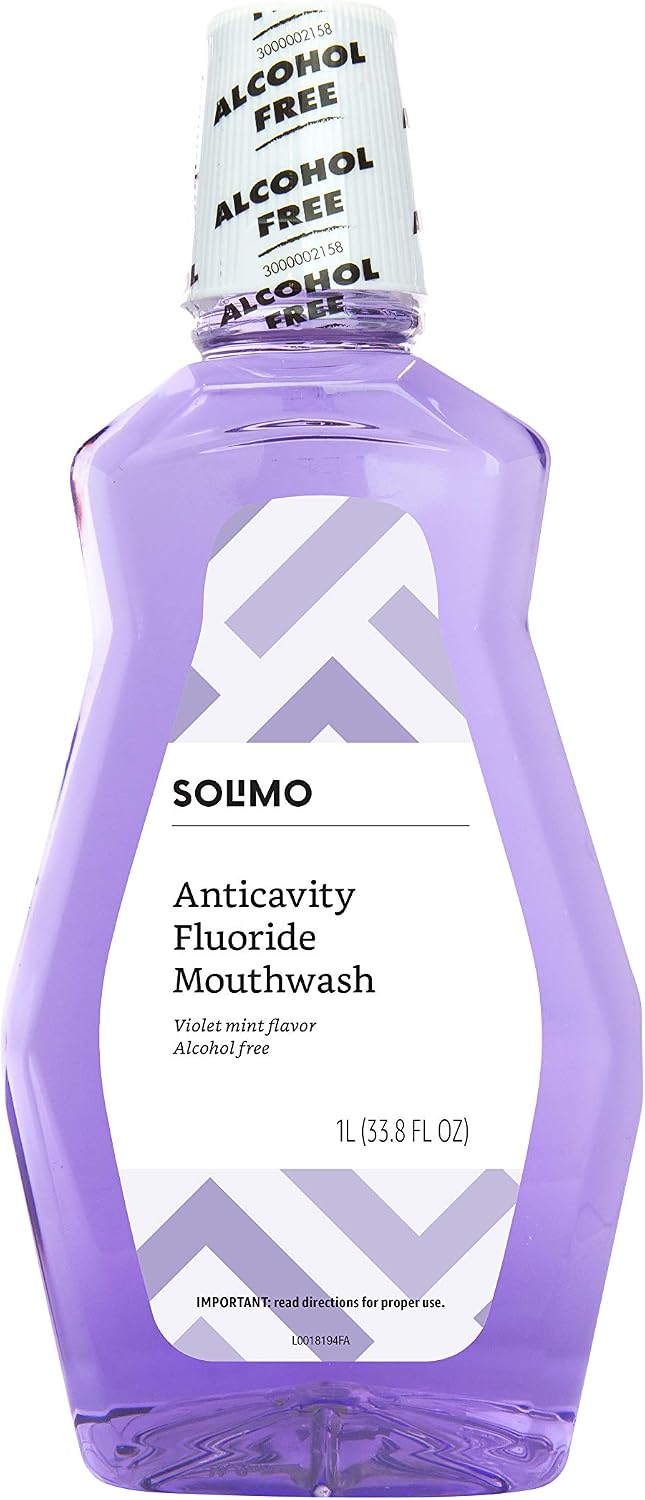 Amazon Brand - Solimo Anticavity Fluoride Mouthwash, Alcohol Free, Violet Mint, 1 Liter, 33.8 Fluid Ounces, Pack of 4