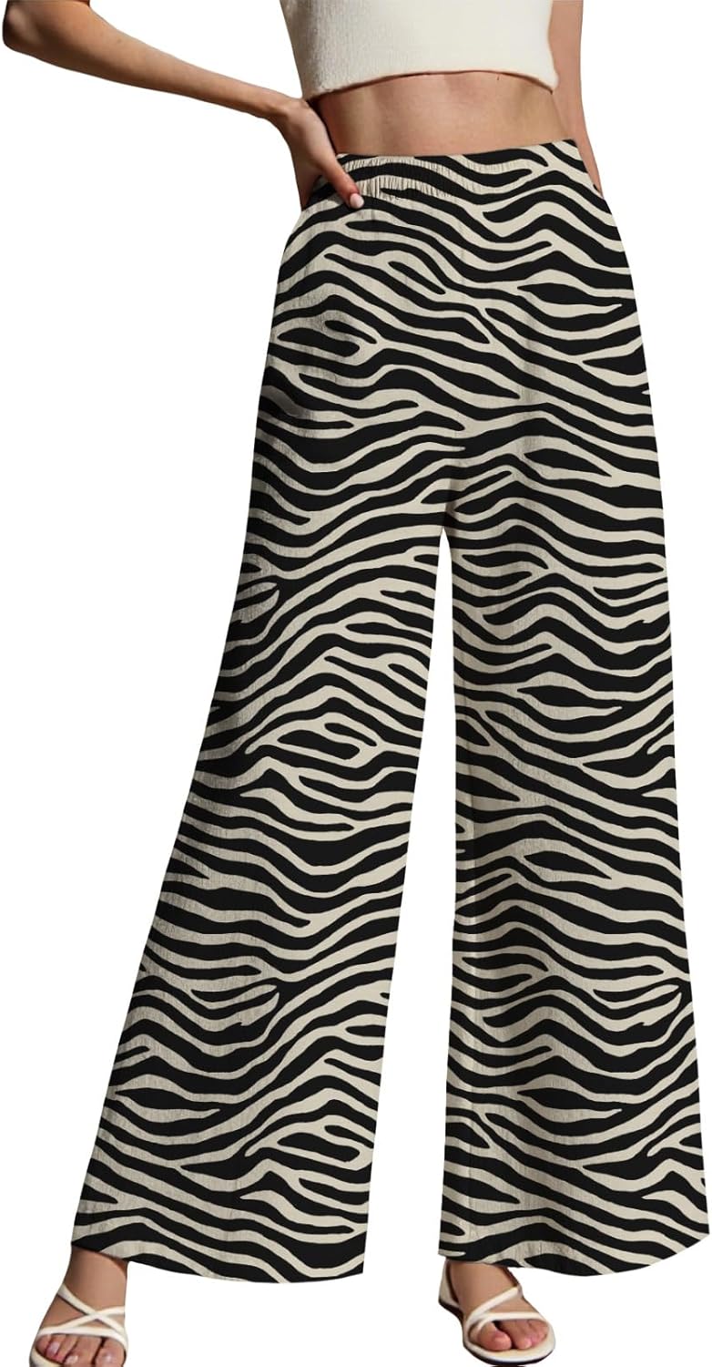 LIZALIG Women's Leopard Print Pants High Waist Wide Leg Trousers with Elastic Waistband Casual Loose Fit Pockets