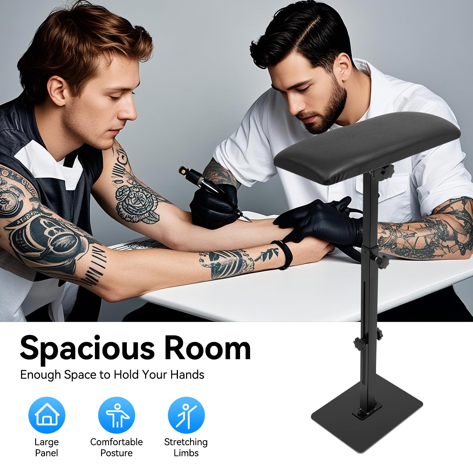 MINRS Podłokietnik do tatuażu, regulowana wysokość 68-100 cm, ergonomiczny, profesjonalny, może być stosowany w studiach tatuażu, salonach kosmetycznych, salonach fryzjerskich, czarny