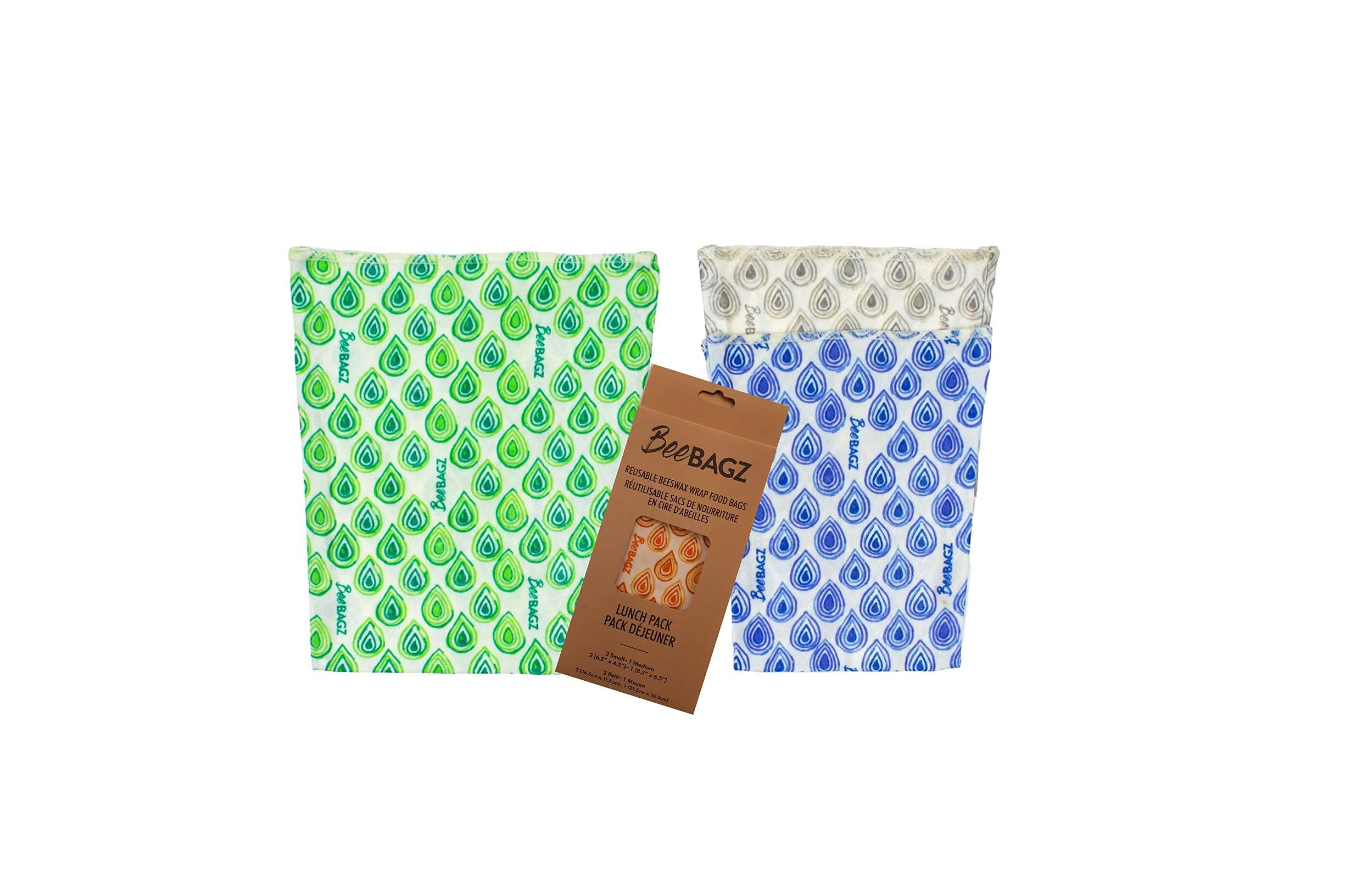 Assorted 3 Pack - Made in Canada - Plastic and Silicone Free - Reusable Beeswax Food Wrap Bags- 2 Sizes (Lunch Pack, 2 Small + 1 Medium, (Multicolor)