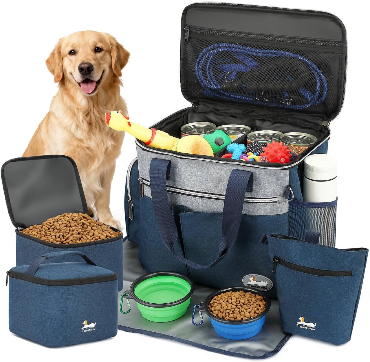 Dog Travel Bag for Pet Kit for Supplies with 2 Food Storage Containers 2 Collapsible Bowls 1 Feeding Mat 1 Dog Treat Pouch 7-Piece Set Perfect Road Trips Camping Weekend Doggy Gift, Navy Blue Dog Travel Bag for Pet Kit for Supplies with 2 Food Storage Containers 2 Collapsible Bowls 1 Feeding Mat 1 Dog Treat Pouch 7-Piece Set Perfect Road Trips Camping Weekend Doggy Gift, Navy Blue