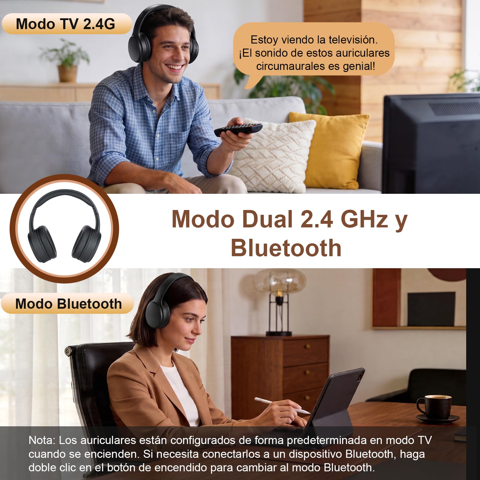 Auriculares Inalámbricos para Ver la TV, Modo Dual Bluetooth y 2.4G con Transmisor, Baja Latencia y 5 Presets de EQ, Micrófono Integrado para Diálogo Claro, Compatible con Salidas Óptica/Coaxial/AUX