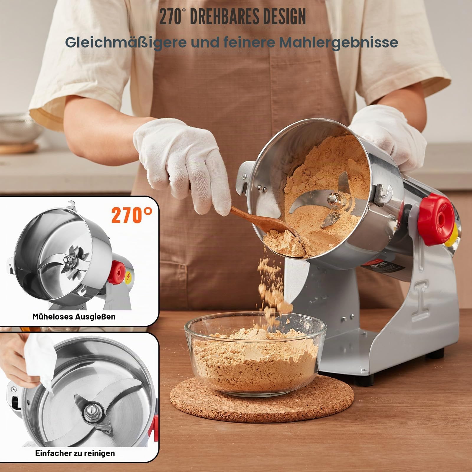 VEVOR elektrische Getreidemühle Hochgeschwindigkeits-Gewürzmühle 500 g mit 2000 W, Pulverisiermaschine aus Edelstahl, für trockene Körner Gewürze Müsli Kaffee Mais Pfeffer Schwenktyp 22 x 19 x 36 cm