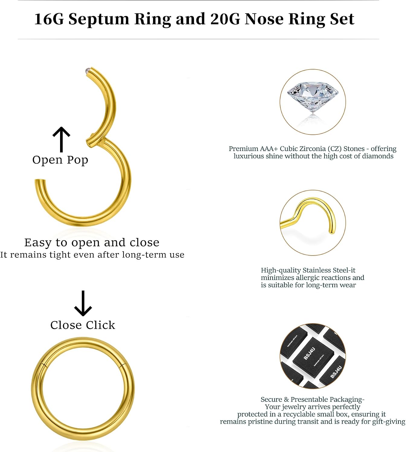 BSJ4U Gold Silver Septum and Nose Ring Set - Stainless Steel Hypoallergenic 16G Septum Rings 20G L Shaped Corkscrew Nose Rings Studs for Women Pink CZ Heart Butterfly Flower Bow Dangle Nose Piercing Jewelry