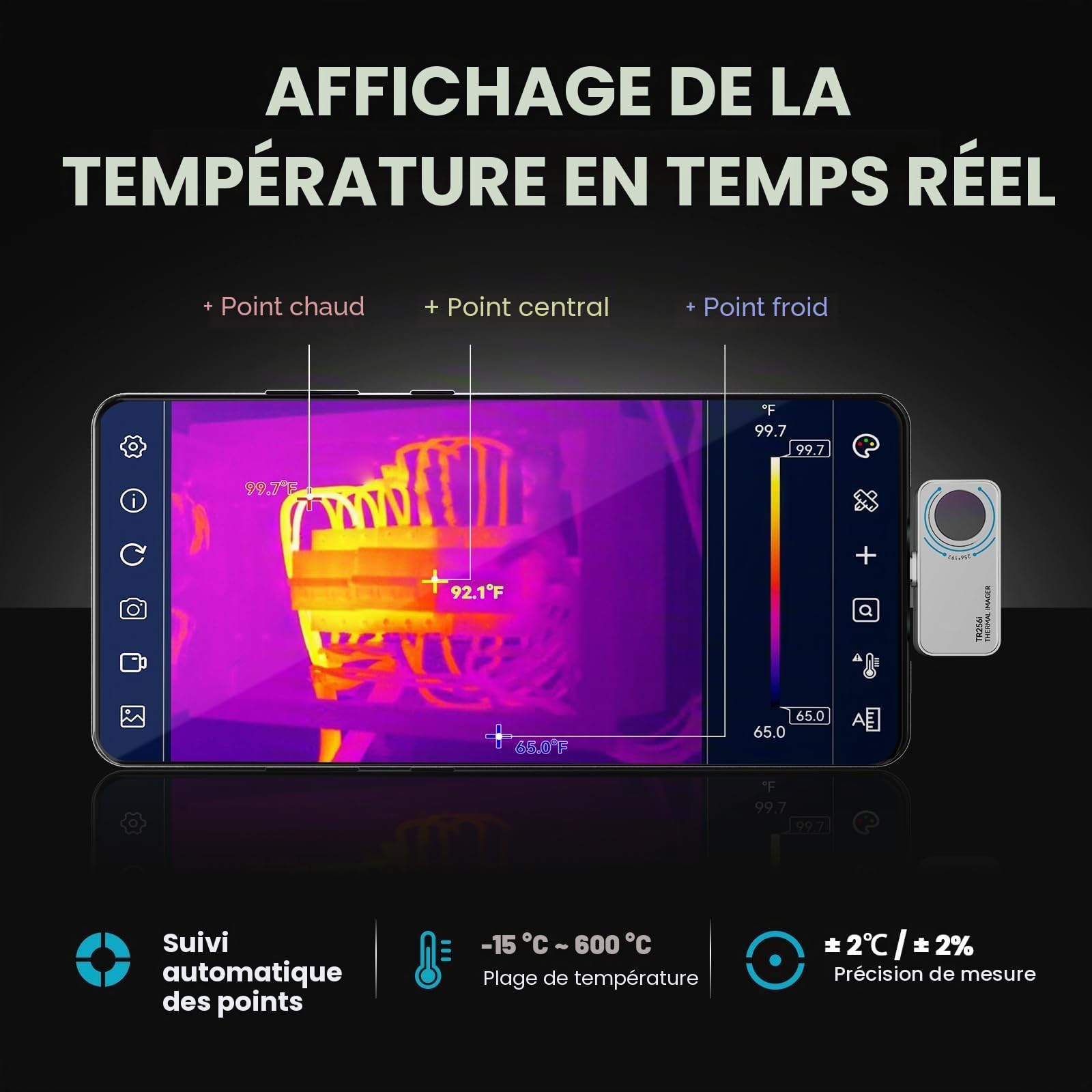 Mileseey TR256i Caméra d'imagerie Thermique 256 x 192 pour Android Type-C, boîtier entièrement métallique 20 g, Plage de Mesure -15 °C ~ 600 °C, résolution 25 Hz, 3 mesures de Chaleur et 6 palettes