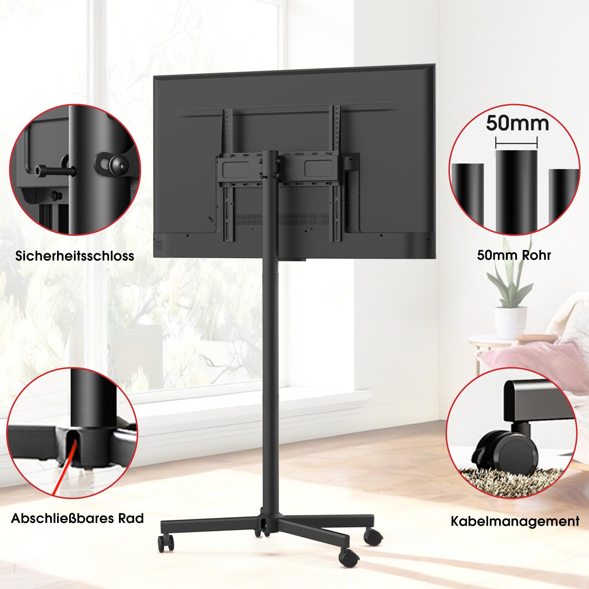 AOKCOS TV Ständer Rollbar für 32-65 Zoll Fernseher, Neigbar & Höhenverstellbar Fernsehständer mit Rollen, Schraubenloses Design TV Standfuss Standfuß Bodenständer Universal Max VESA 400x400mm 40kg