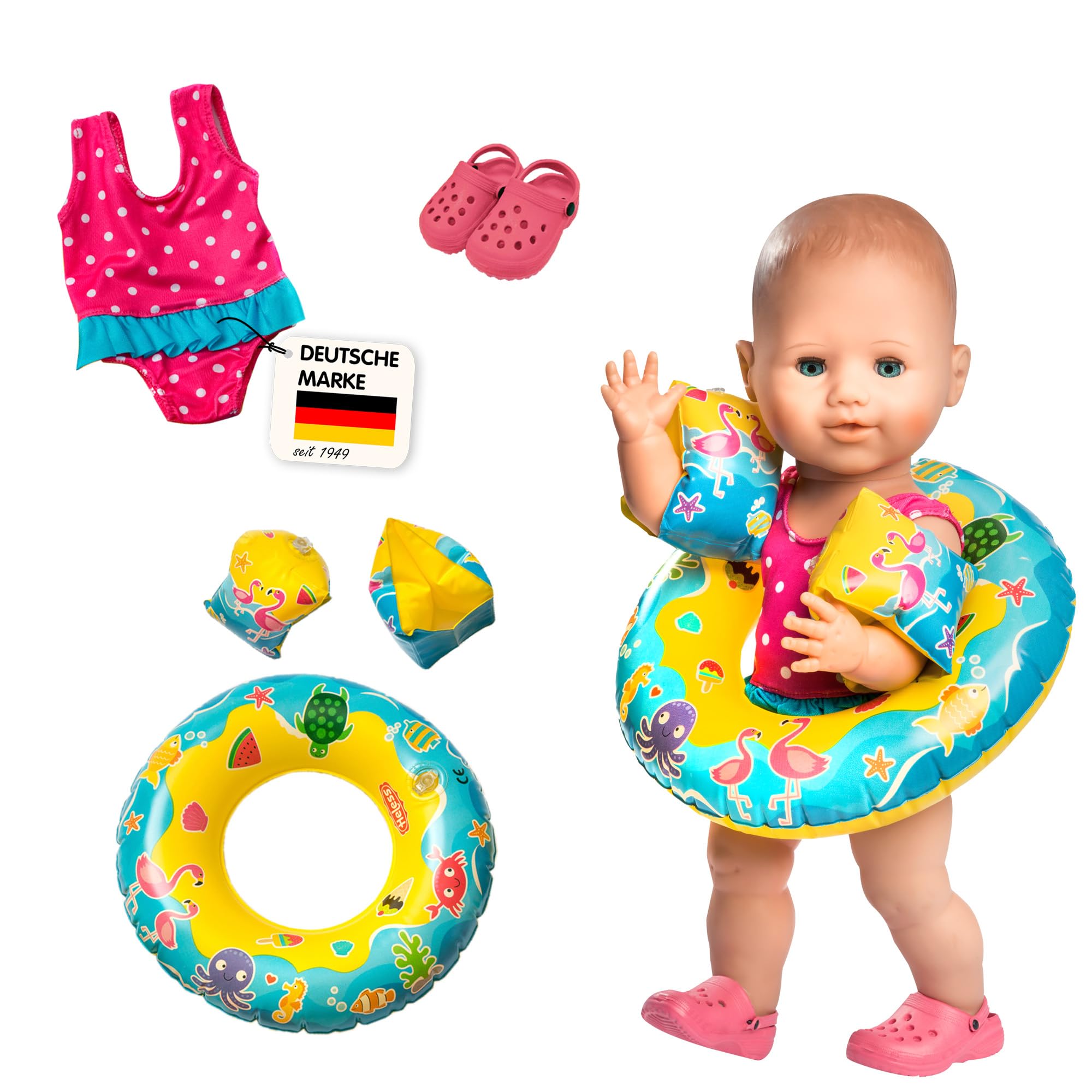Heless 88 - Schwimm-Set für Puppen, Badeanzug, Clogs, Schwimmring und -flügel mit lustigen Bade- und Wassermotiven, Puppengröße ca. 35 - 45 cm, für Badespaß an heißen Sommertagen