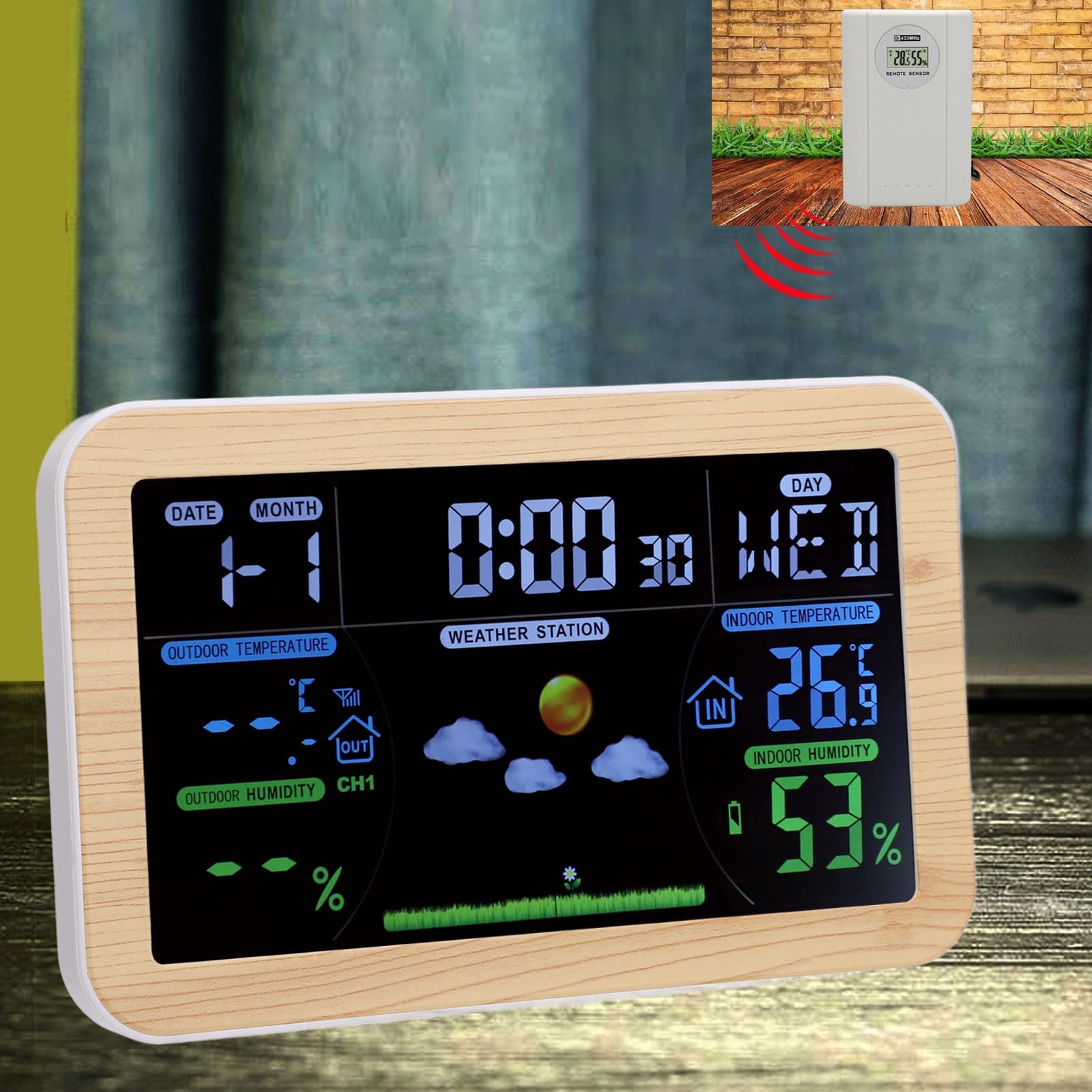 Tnfeeon Zegar Pogodowy LCD, Bezprzewodowy Termometr Wewnętrzny, Monitor Wilgotności na Zewnątrz z 24-godzinną prognozą, Synchronizacja Czasu Fali, Monitorowanie Potrójnym Czujnikiem w Garażu w