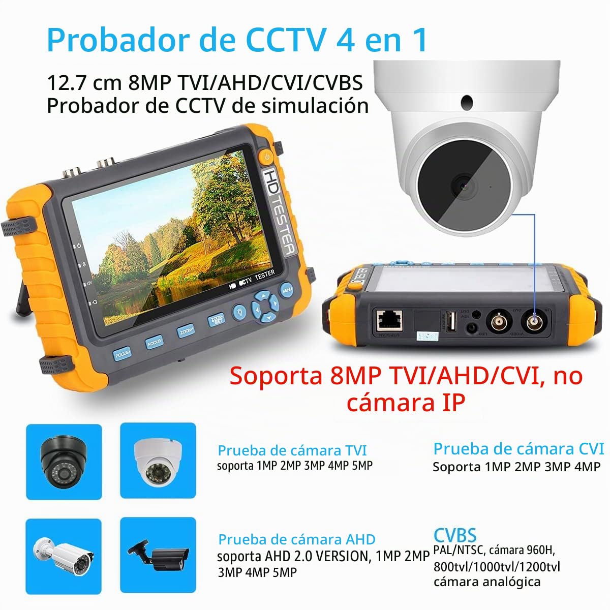 Monitor Probador de CCTV 4 en 1 8MP, AHD CVI TVI CVBS Coaxial HD Video Monitor Probador, 5 Pulgadas CCTV Tester con HDMI VGA de Entrada
