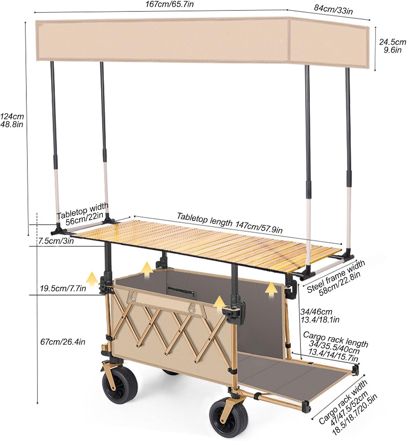 Wagon Cart Shopping Foldable, Extra Long Fold Up Wagons Carts, with Side Pocket and Brakes, for Camping Sports Garden, for Shopping, Sports, Camping(Yellow,47cm/18.5in)