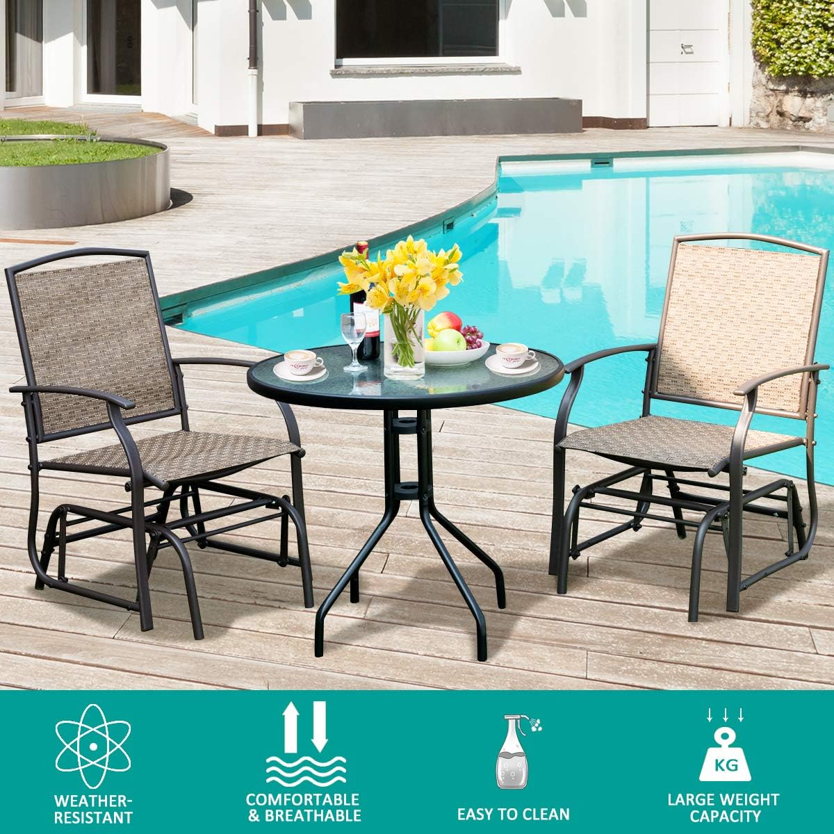 Giantex 3PCS Patio Swing Glider Set with One Glass Table W/Umbrella Hole & Two Rocking Chairs 3 -Piece for Outdoor Garden, Pool, Backyard and Indoor Bistro Set