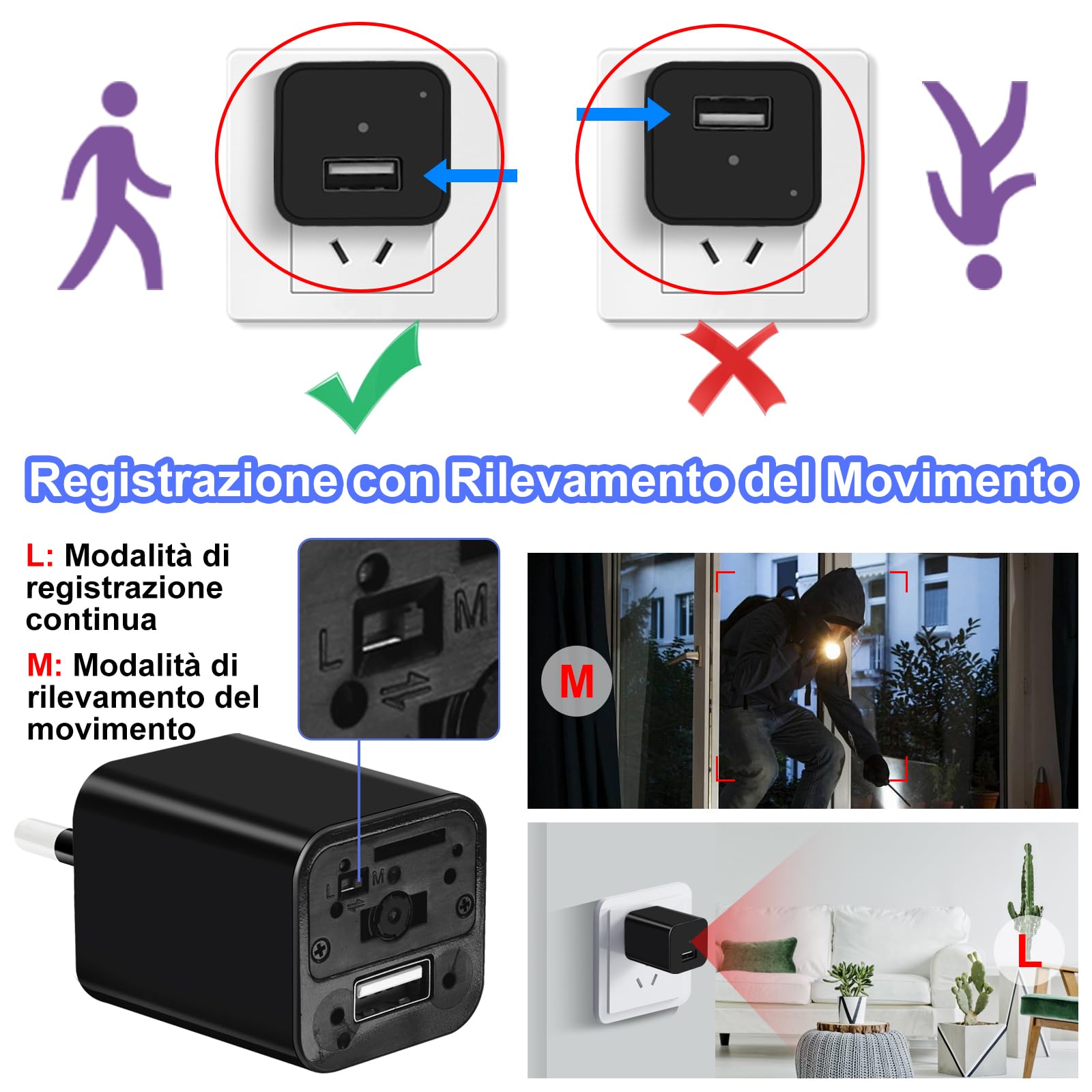 TANGMI Telecamera Spia, Caricatore/Adattatore USB Mini Telecamera Spia Nascosta, Registrazione Video HD 1080P Micro Telecamera Spia con Rilevamento del Movimento e Registrazione in Loop