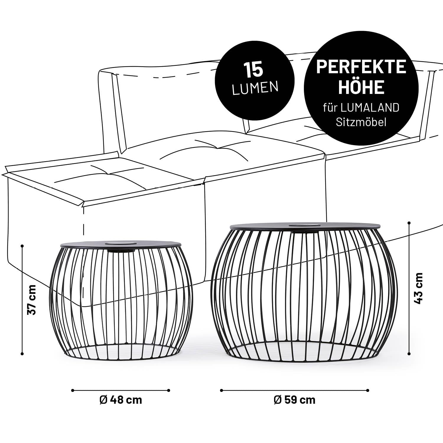 Lumaland 2er-Set Beistelltisch mit Solar Beleuchtung und USB-Option | Für Verschiedene Anwendung wie als Nachttisch & Wohnzimmertisch | Auch als Gartentisch & Balkontisch Dank Wetterfestigkeit