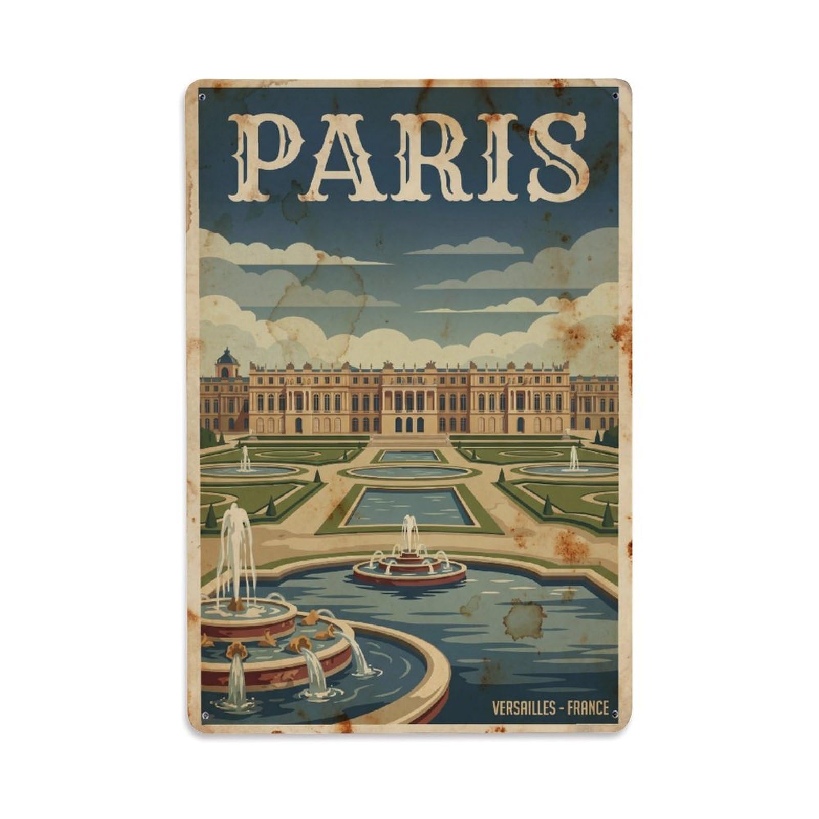 Vintage Travel Paris Versailles Palace Gardens Rusted France Metal Tin Sign Plaque Wall Decor for Cafe, Club Bar, Office, Home Garden Metal Poster 8x12Inch