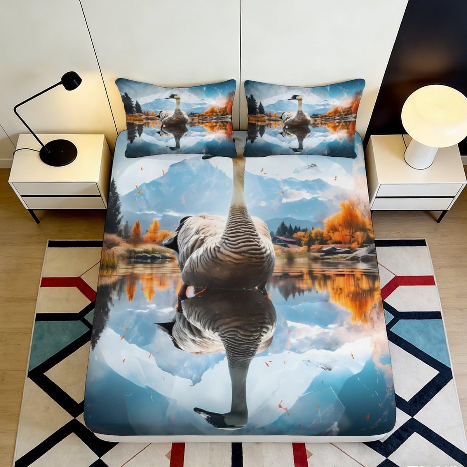 3D Printed Goose Lake Fitted Sheet Microfiber Autumn Mountain Bed Cover for Bedroom Guest Room Mattress Protection Decor 180x200x25cm
