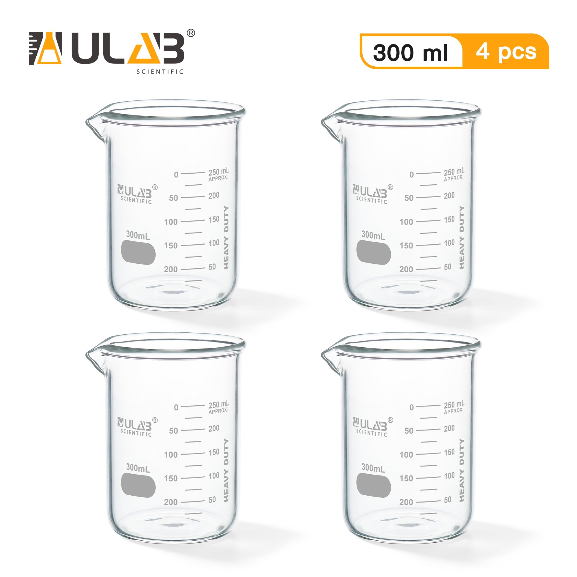ULAB Scientific Glasbecher, Vol. 300 ml, 3.3 Borosilikat-Griffin niedrige Form mit gedruckter Graduierung, 4 Stück, UBG1034